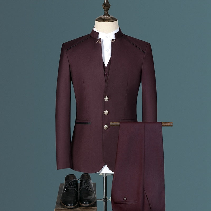 Stand Collar Men Blazer Pants Vest Business Men's Wedding Suit Jacket Coat Trousers Waistcoat High Quality Slim Vest Dress Set