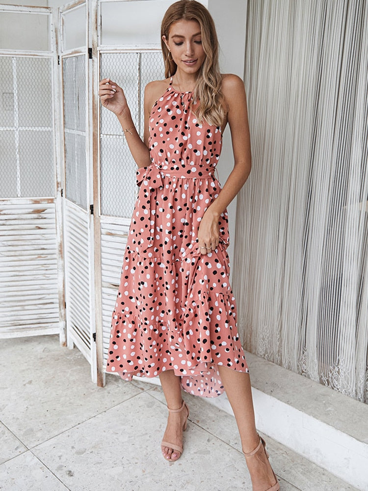 Ladies Summer Polka-Dot Long Beach Dress, Strapless Casual White Midi Sundress.