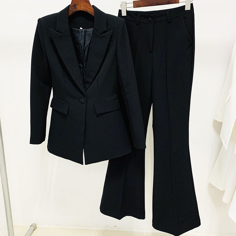 HIGH QUALITY Newest 2022 Runway Designer Suit Set Women's Career Single Button Blazer Jacket Flare Pants Suit 2pcs Set