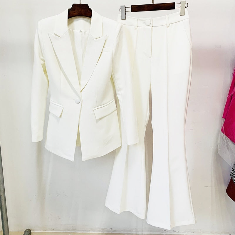 HIGH QUALITY Newest 2022 Runway Designer Suit Set Women's Career Single Button Blazer Jacket Flare Pants Suit 2pcs Set