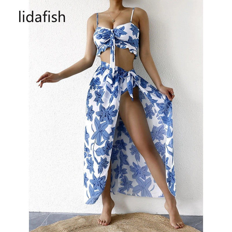 Women's New 3 Pieces Swimsuit Set. Lace Up Bikini Set With Skirt.