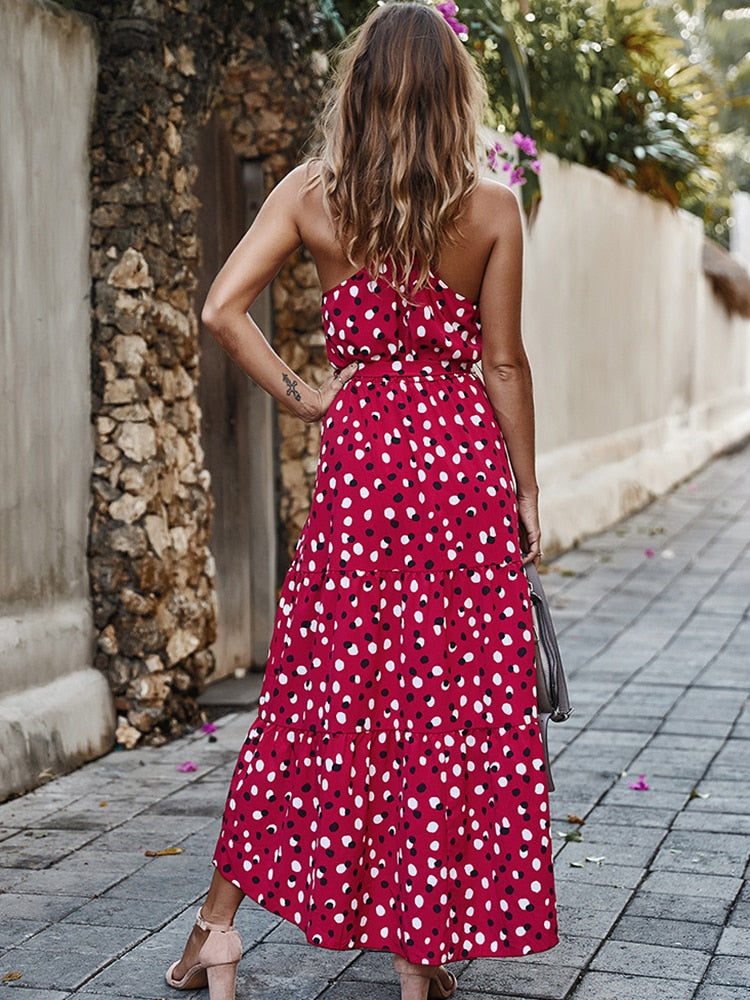 Ladies Summer Polka-Dot Long Beach Dress, Strapless Casual White Midi Sundress.