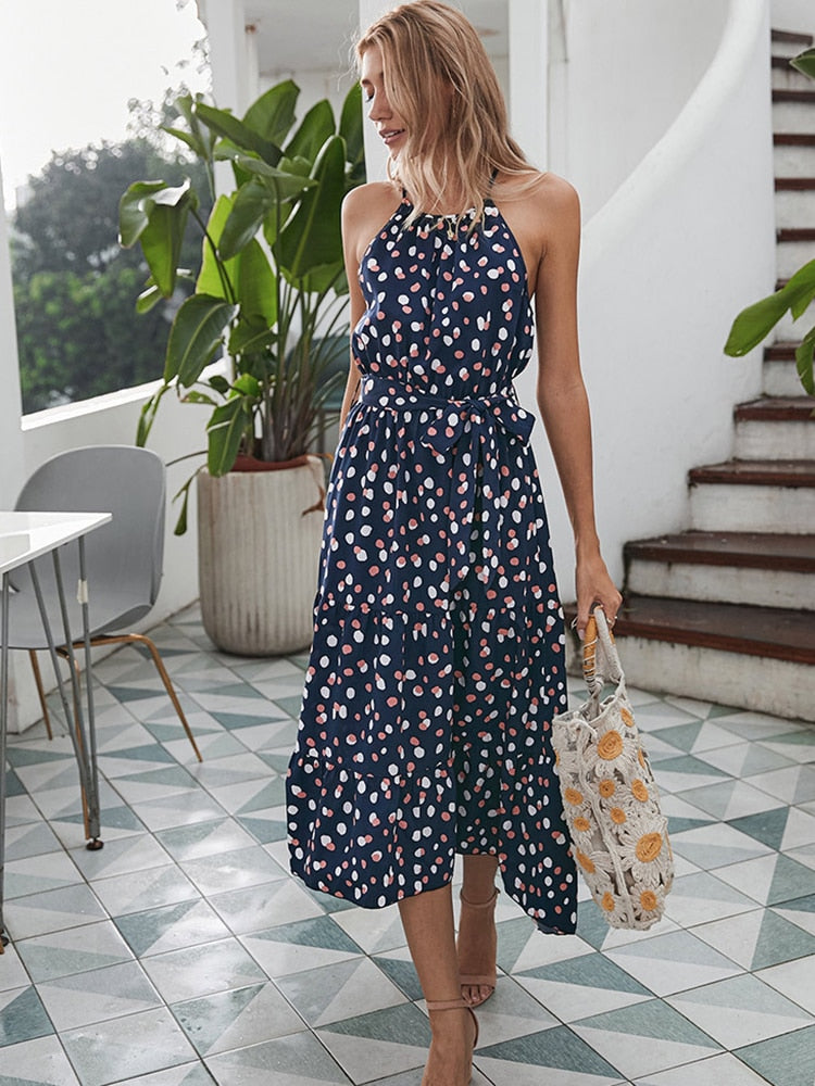 Ladies Summer Polka-Dot Long Beach Dress, Strapless Casual White Midi Sundress.