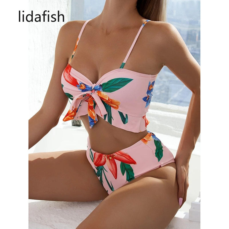 Women's New 3 Pieces Swimsuit Set. Lace Up Bikini Set With Skirt.