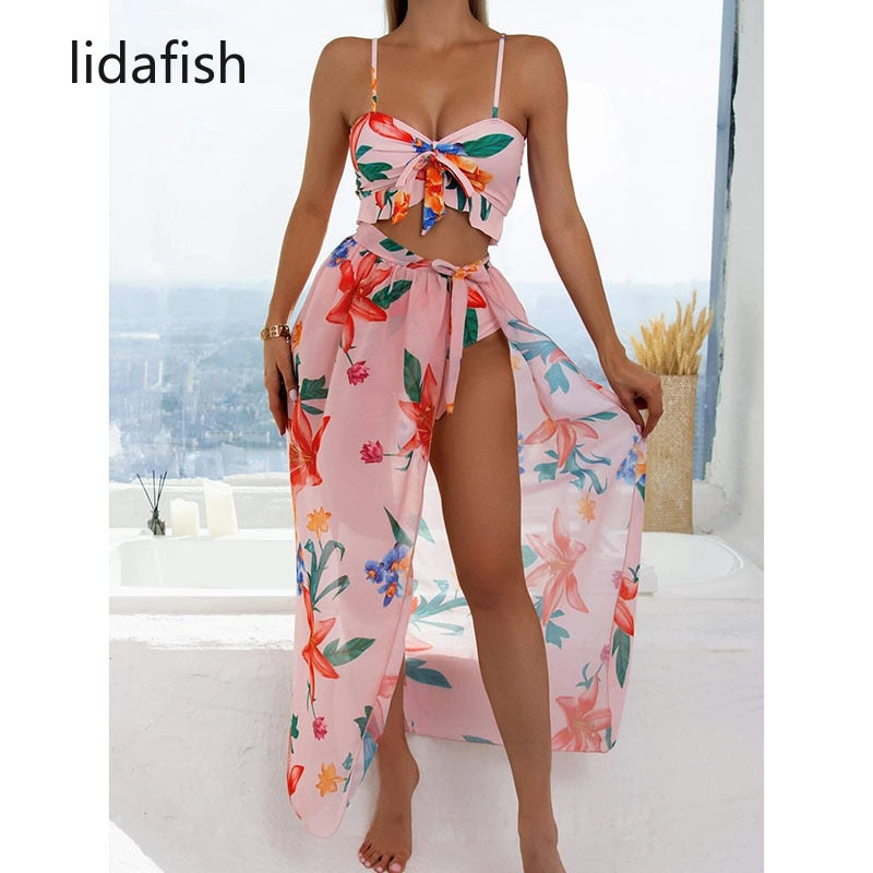 Women's New 3 Pieces Swimsuit Set. Lace Up Bikini Set With Skirt.