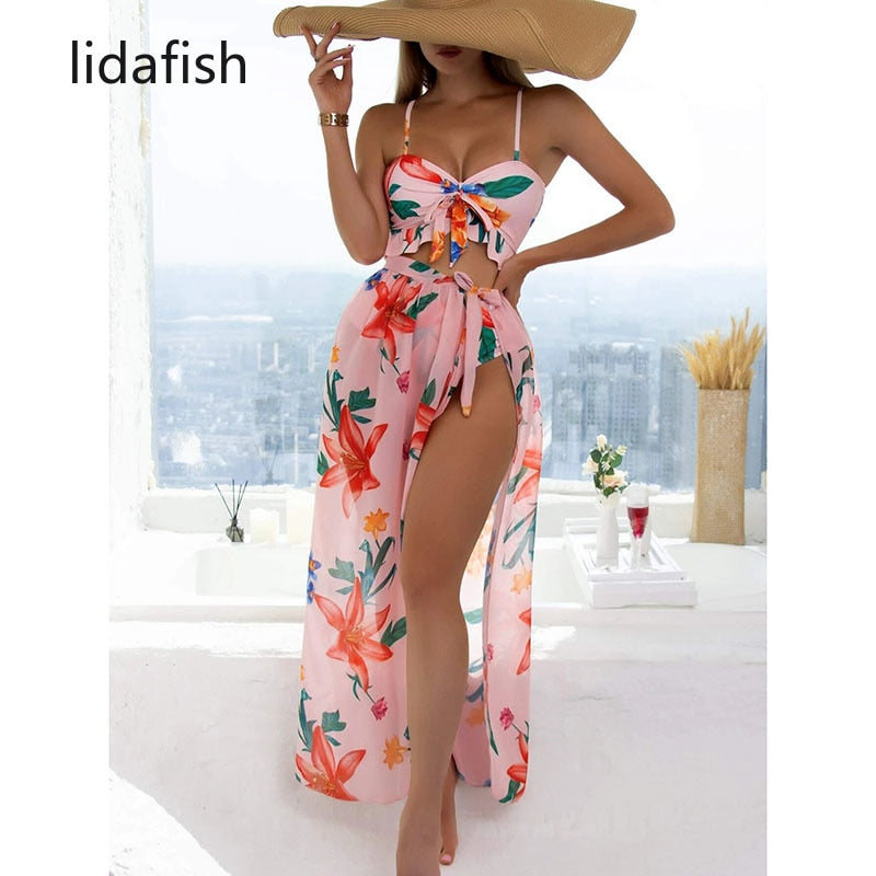 Women's New 3 Pieces Swimsuit Set. Lace Up Bikini Set With Skirt.