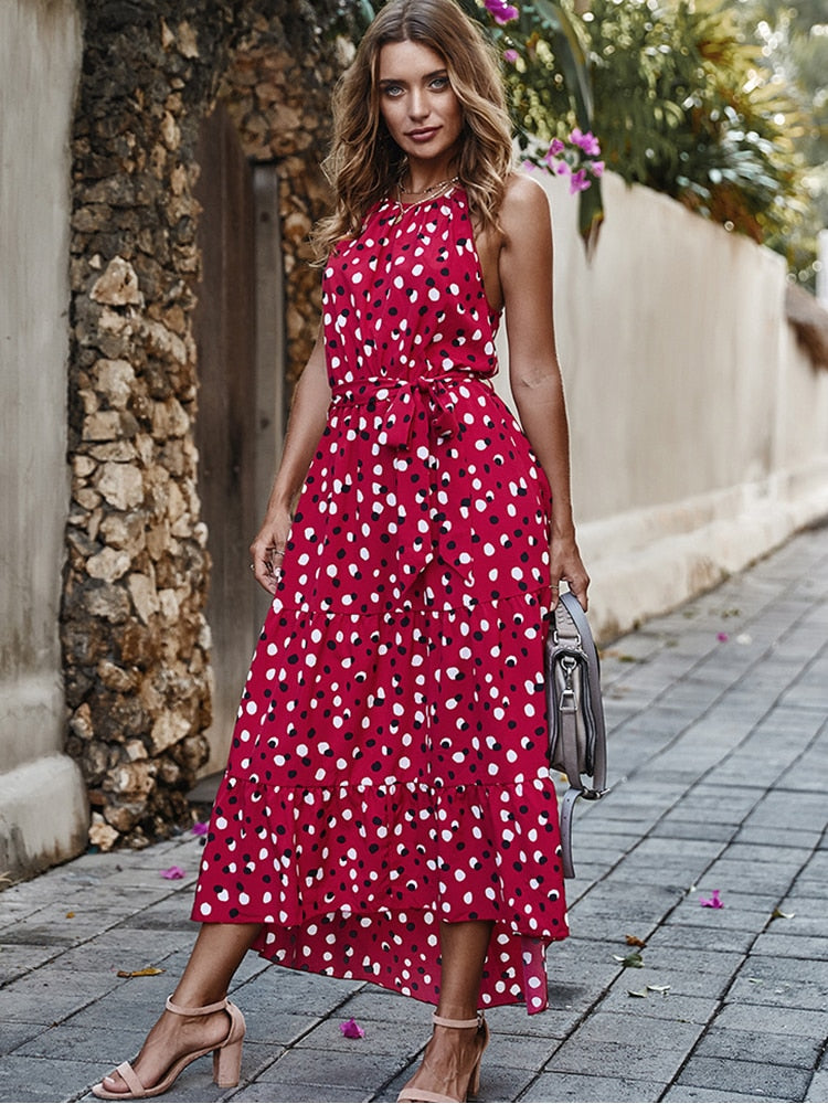Ladies Summer Polka-Dot Long Beach Dress, Strapless Casual White Midi Sundress.