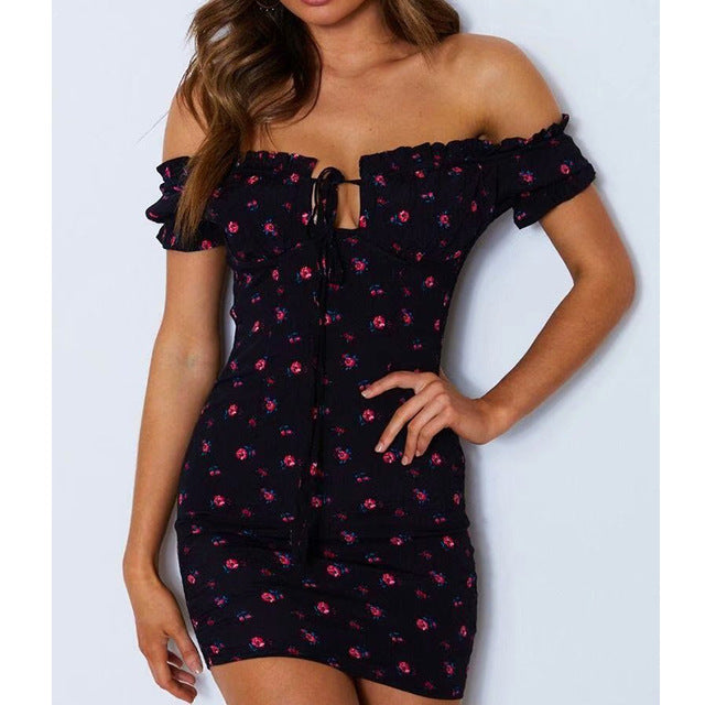 Summer Office Lady Slash Neck Printed Pencil Summer Dress.