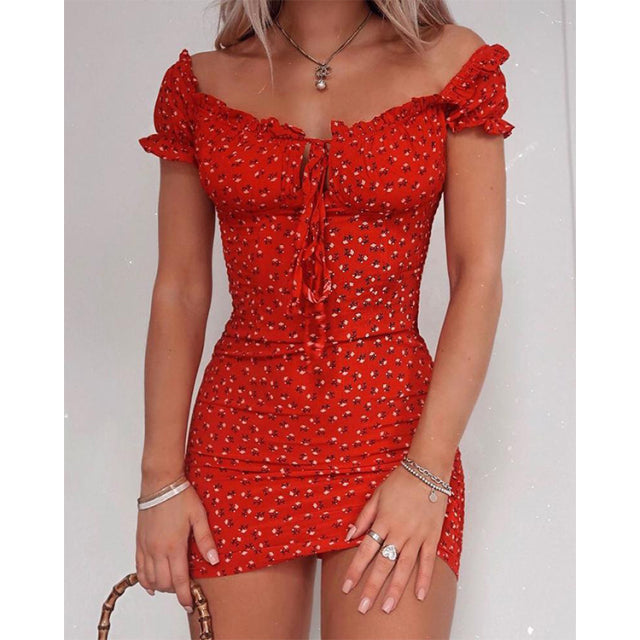 Summer Office Lady Slash Neck Printed Pencil Summer Dress.