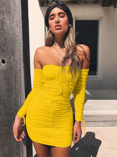 Women's Autumn Winter Bandage Dress Sexy Off Shoulder Long Sleeve Slim Elastic Bodycon Party Dress.