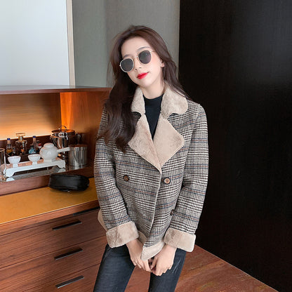 Autumn And Winter Tide All-match Thick Plaid Woolen Fur