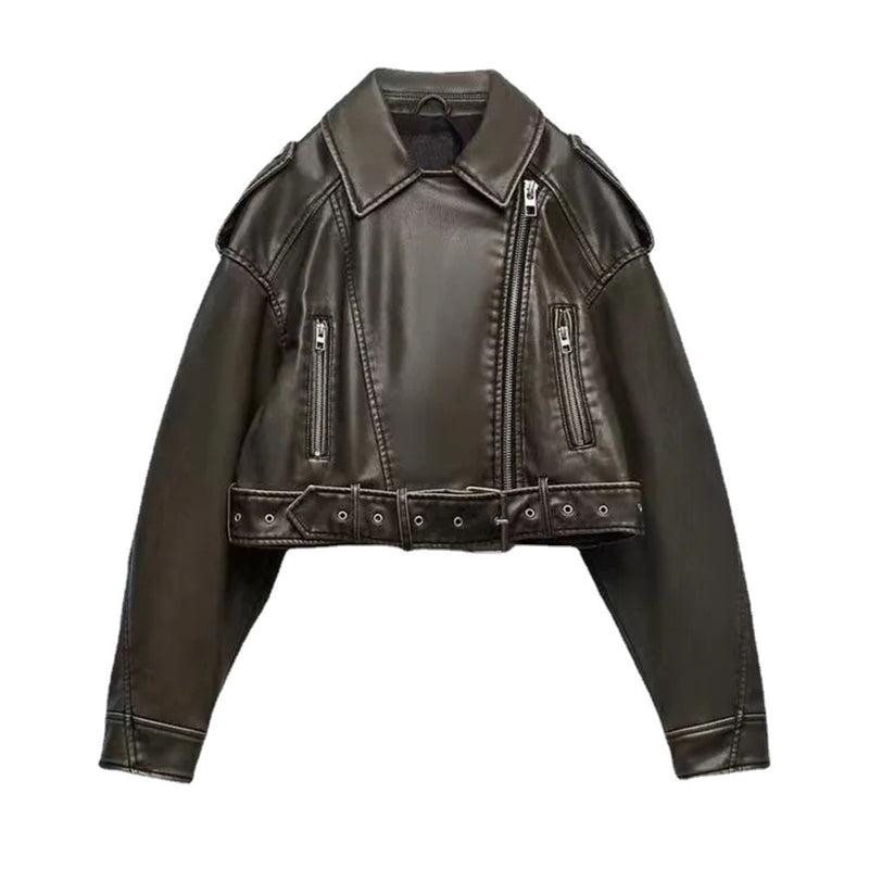 Washed Faux Leather Short Zipper Fashion Jacket