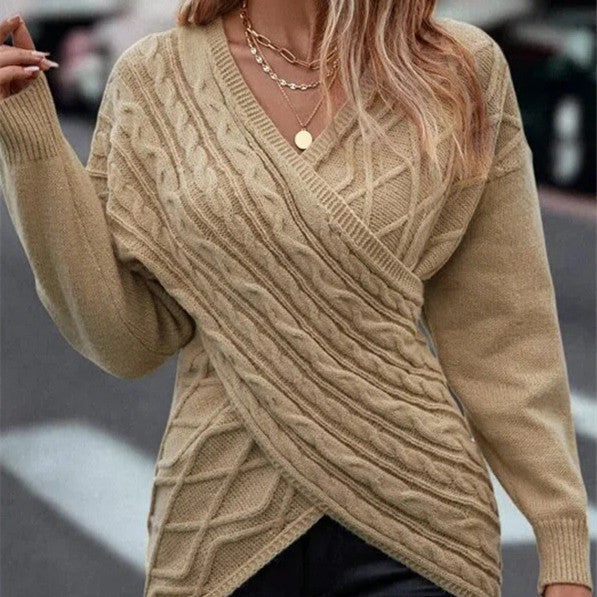 Women's Fashion Casual Solid Color And V-neck Cross Brocade Sweater