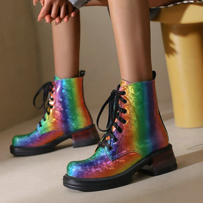 Bright Patent Leather Water Color Round Toe Thick Heel Martin Boots Punk Style Iridescence Lace Up Autumn Women's Ankle BootsWomen Short Boots Patent Leather Gradient Color Women Thick Bottom