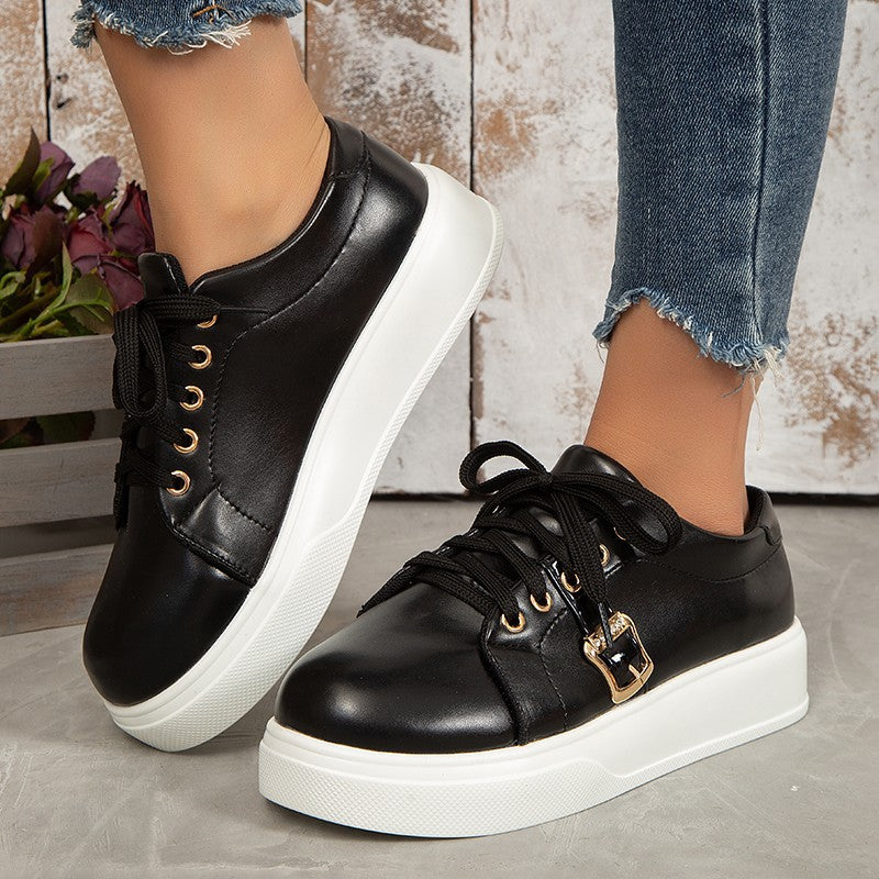 Women's Lightweight Round, Toe Lace-up Flats Shoes With Metal Buckle.