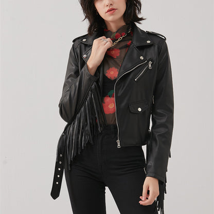 New Women's Tassel Short Slim Leather Jacket Motorcycle