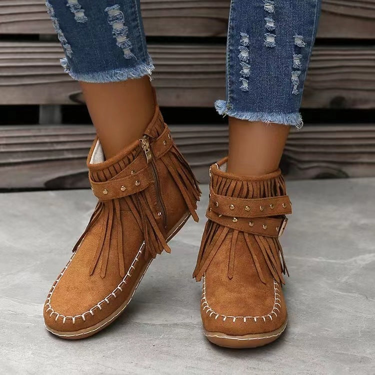 Retro Ankle Boots With Rivet Tassel Flat Shoes Women Winter Boots