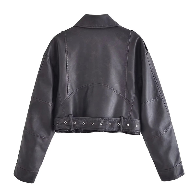 Washed Faux Leather Short Zipper Fashion Jacket
