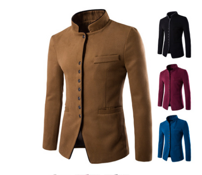 Men Jacket - Men Wool Single - Breasted Collar Tunic - Casual Jacket