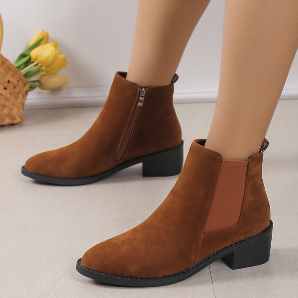 Women's Fashion Ankle Boots With Side Zipper Chunky Heel Boots Slip On Comfortable Solid Color Shoes