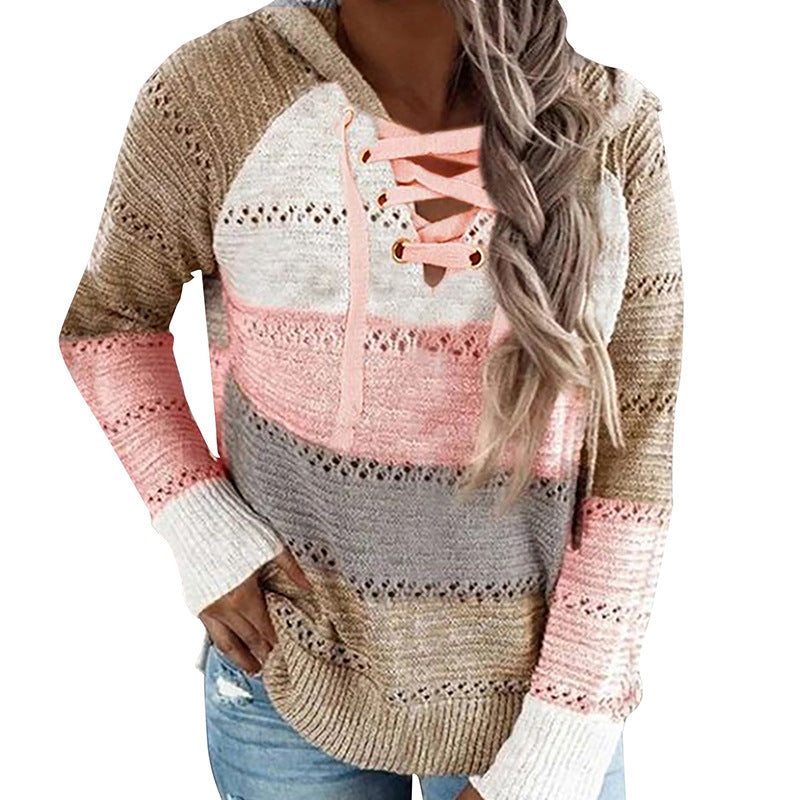 Women's Fashion Temperament Color Matching Hooded Long-sleeved Sweater
