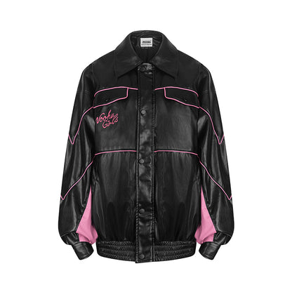 Contrasting Color Handsome All Match Oversize Ladies Leather Jacket.