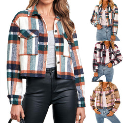 Lapel Pocket Fashion Casual Short Women's Plaid Coat