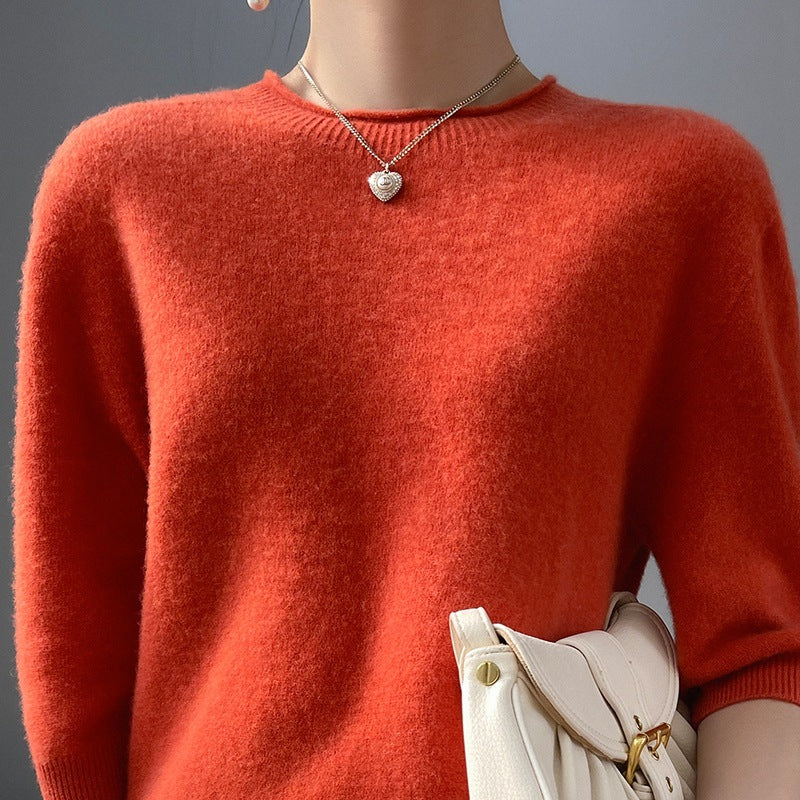 Spring Style Front Line Ready-made Garments Pure Wool Sweater Round Neck Curling Half Sleeve