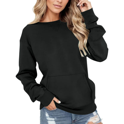 Round Neck Pullover Long Sleeve Pocket Solid Color Hoodie