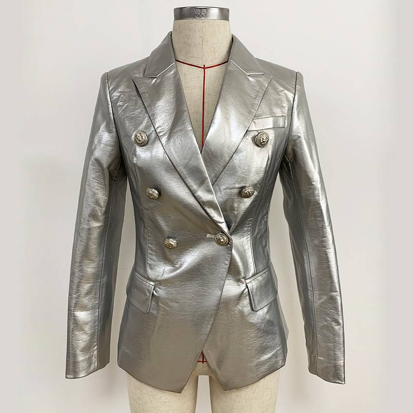 Double-breasted Shiny Silver Synthetic Leather Slim Suit Jacket