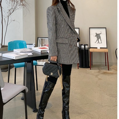 Double Breasted Loose Thin Thousand Bird Check Thickened Coat