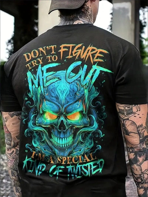 Plus Size, 3D Blue Skull Back Print Men's Casual Summer Oversized Graphic Tee Short Sleeve Loose T-Shirt For Street Outdoor