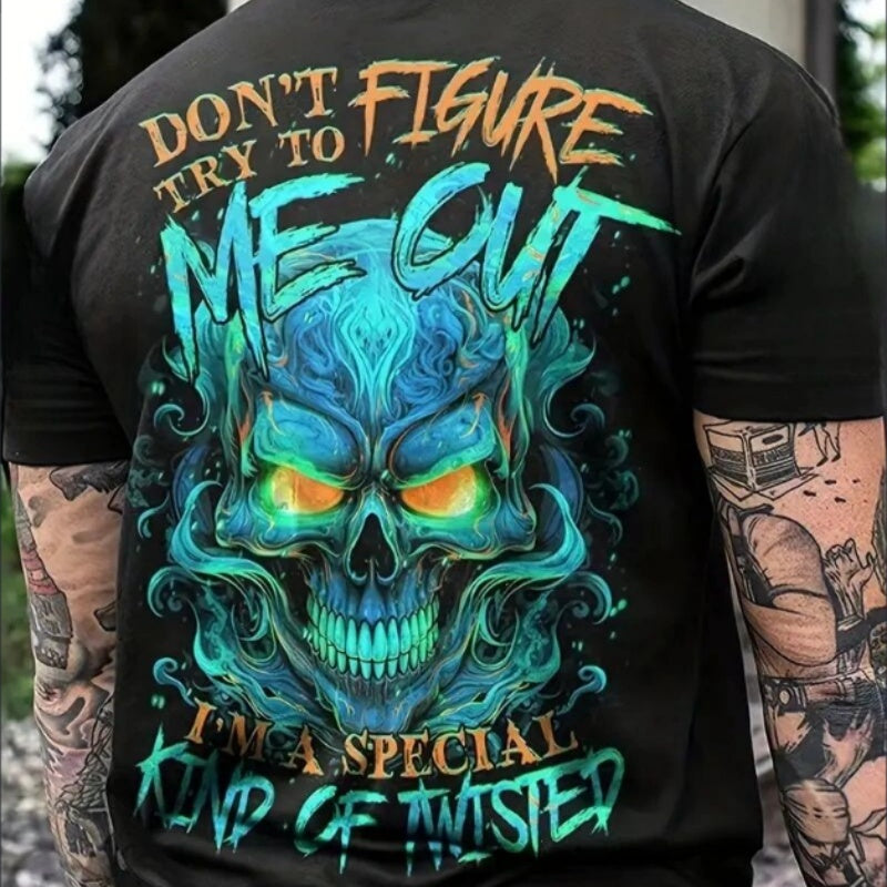 Plus Size, 3D Blue Skull Back Print Men's Casual Summer Oversized Graphic Tee Short Sleeve Loose T-Shirt For Street Outdoor