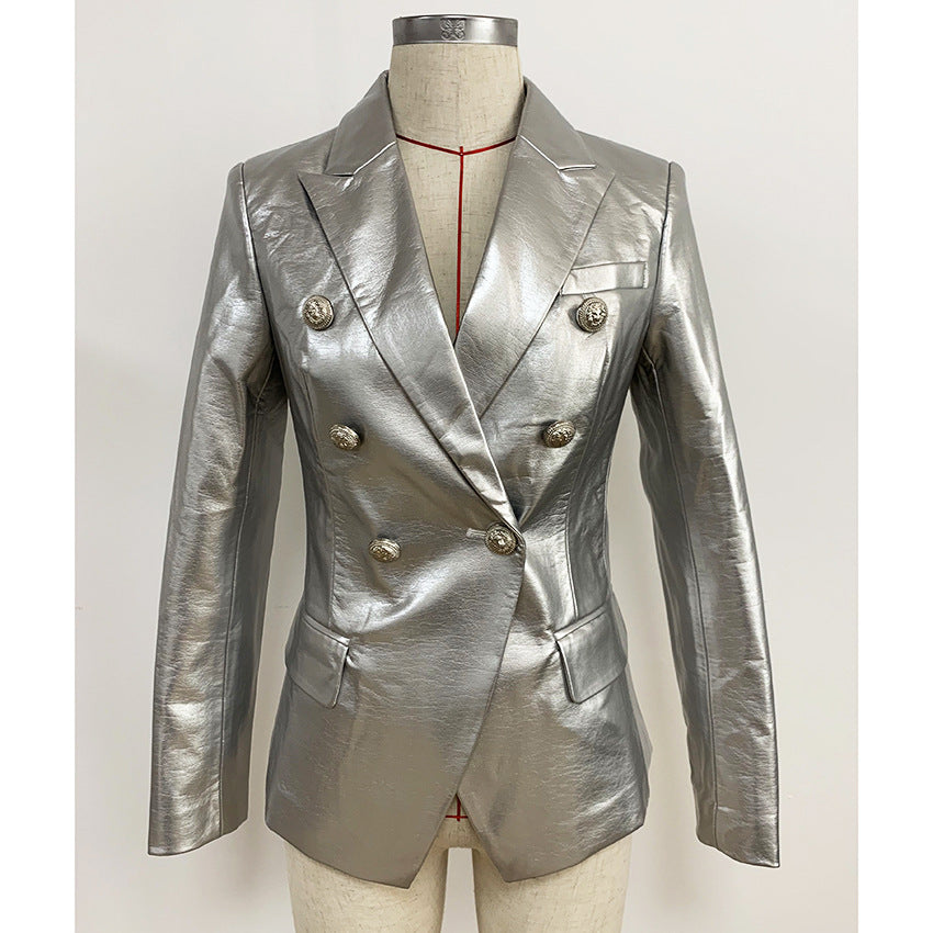 Double-breasted Shiny Silver Synthetic Leather Slim Suit Jacket