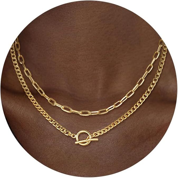 Double Layer Paperclip Chain Necklace - Geometric OT Clasp Layered Choker  Hip-Hop Style Stackable Gold Necklace For Women  Minimalist Dainty Layered Chains