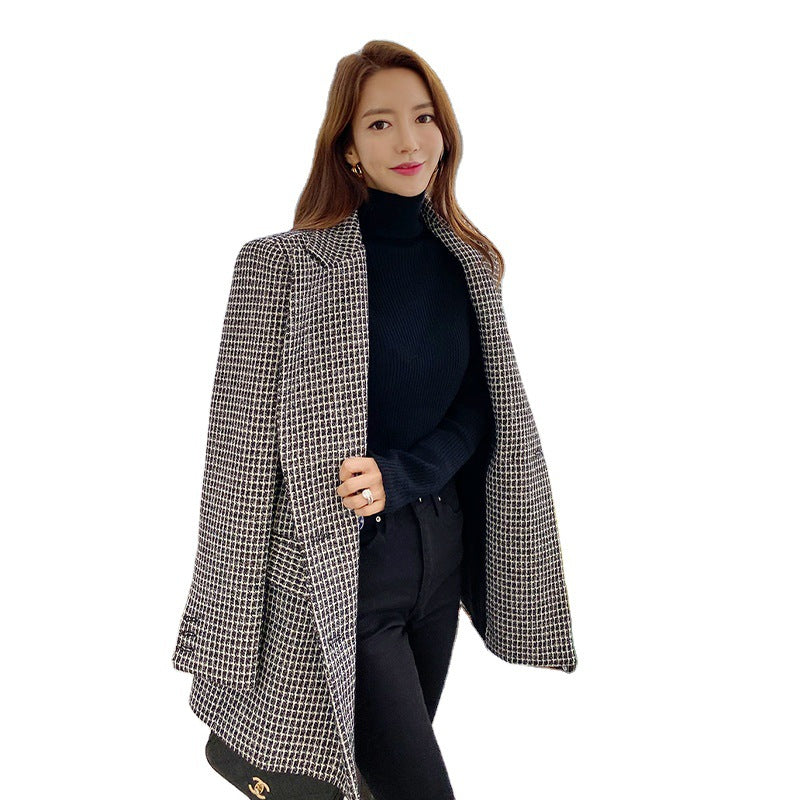Double Breasted Loose Thin Thousand Bird Check Thickened Coat