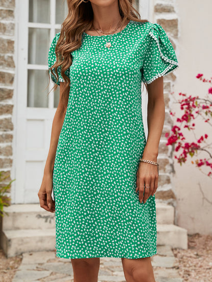 Round Neck Tulip Sleeve Tassel Lace Printed Dress