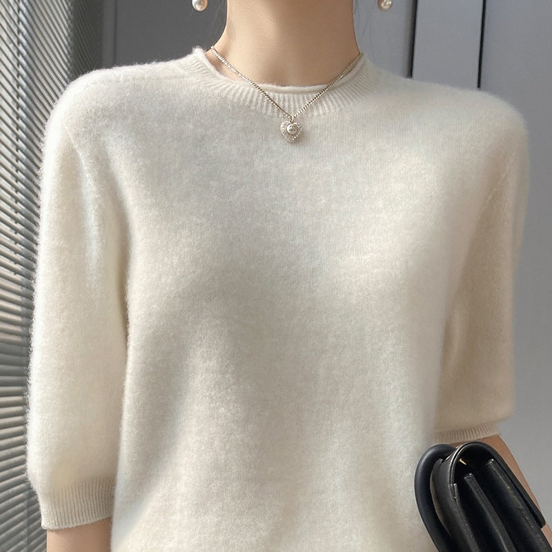 Spring Style Front Line Ready-made Garments Pure Wool Sweater Round Neck Curling Half Sleeve