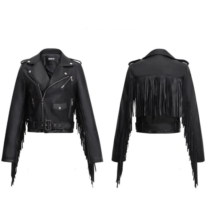 New Women's Tassel Short Slim Leather Jacket Motorcycle