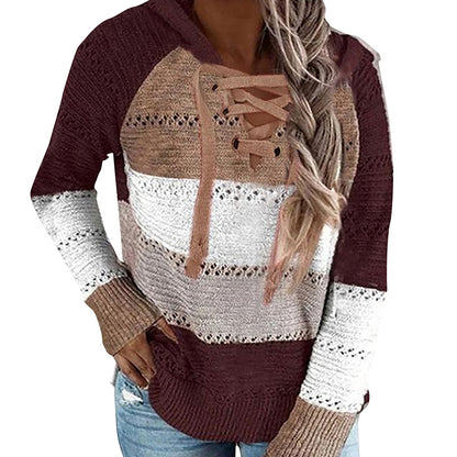 Women's Fashion Temperament Color Matching Hooded Long-sleeved Sweater
