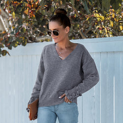 Women's Fashion Solid Color And V-neck Long Sleeve Sweater