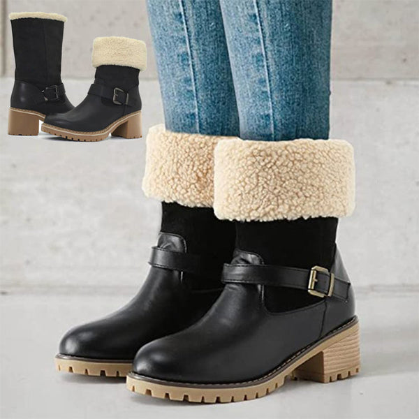 Ladies Boots With Buckle Chunky Heel, warm Winter Round Toe Western Boots.