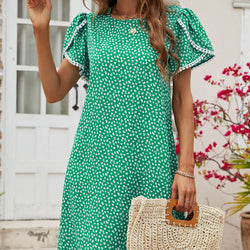 Round Neck Tulip Sleeve Tassel Lace Printed Dress