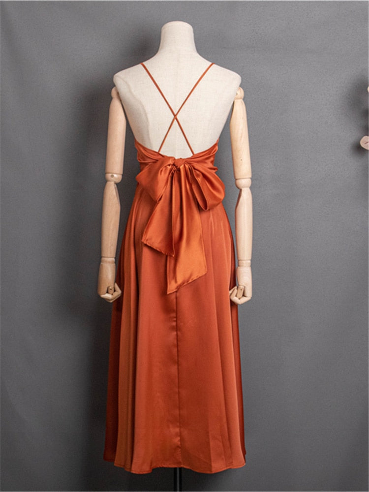 New 2022 Strap Beach Holiday Backless Sexy Elegant Satin Lace Up Bow Vintage Women Spring Summer Sundress Lady Long Dress DR2019