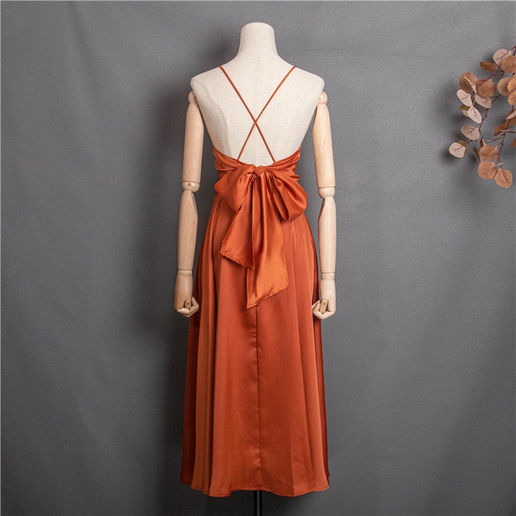 New 2022 Strap Beach Holiday Backless Sexy Elegant Satin Lace Up Bow Vintage Women Spring Summer Sundress Lady Long Dress DR2019
