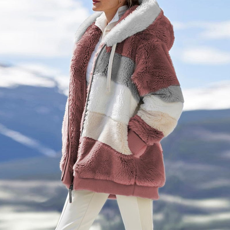 Winter Women Jacket Warm Plush Casual Loose Hooded Coat Mixed Color Patchwork Winter Outwear Faux Fur Zipper Ladies Parka Coat