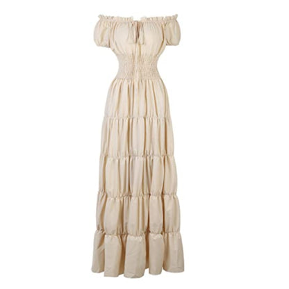 Women Medieval Renaissance Dress Boho Petticoat Short Sleeves Off Shoulder Smocked Waist Retro Pleated Long Dress Costume