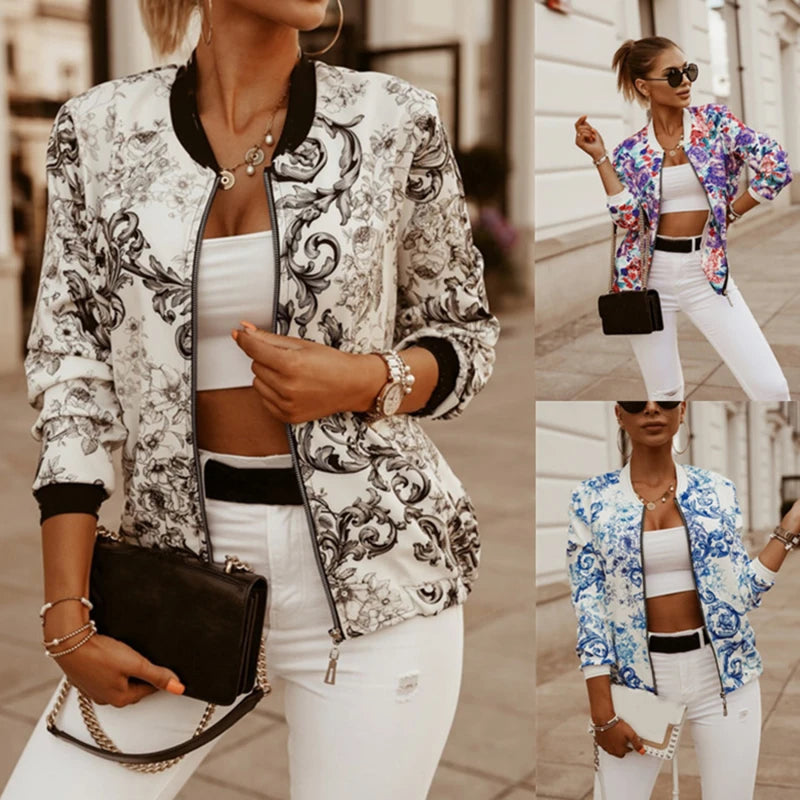 Flower Print Long Sleeve Women's Bomber Jacket Fashion Zipper Up Vintage Coat Tops Elegant Slim Basic Ladies Jackets