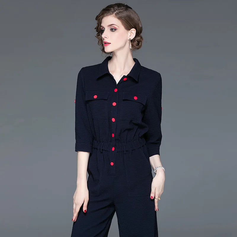 Women's 2023 autumn new fashion lapel cropped sleeves autumn section jumpsuit