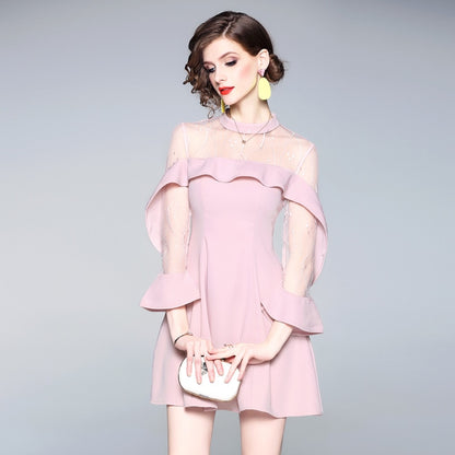 Spring and summer 2020 new women's mesh splicing Ruffle Dress celebrity perspective sheath dresses butterfly sleeve cloth